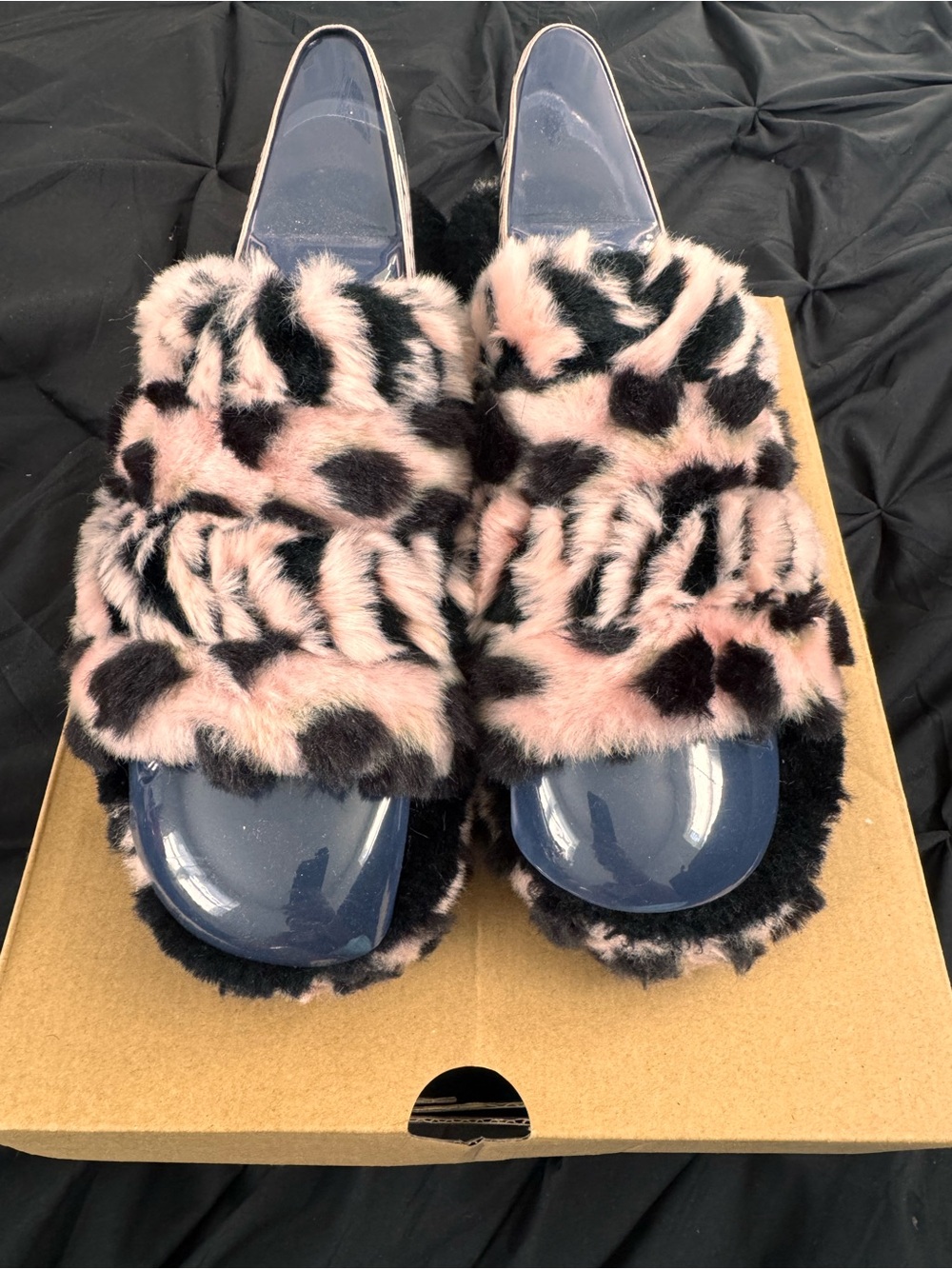 UGG Pink and Black Faux Fur Slide Mules